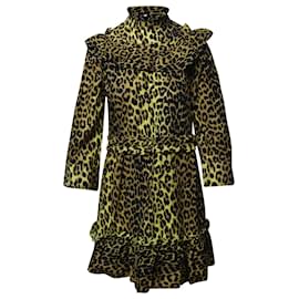 Ganni-Mini abito Ganni Leopard Minion con volant in cotone giallo con stampa animalier-Altro,Stampa python