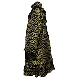 Ganni-Mini abito Ganni Leopard Minion con volant in cotone giallo con stampa animalier-Altro,Stampa python