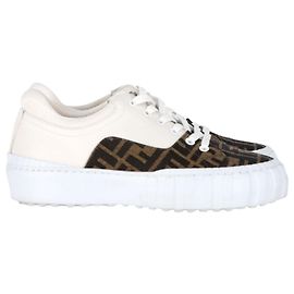 Fendi Tobacco Zucca Force Low Top Sneakers in White Leather White Cream
