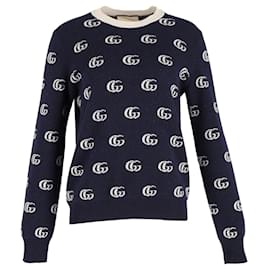 Gucci-Klassischer Gucci-Pullover mit Intarsien-Logo aus marineblauer Wolle-Marineblau