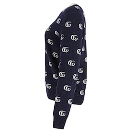 Gucci-Gucci Classic Intarsia Logo Sweater in Navy Blue Wool-Navy blue
