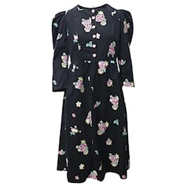 Autre Marque-Batsheva Puff Sleeve Midi Dress in Black Floral Print Cotton-Black