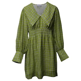 Ganni-Ganni Wide Collar Smocked Mini Dress in Yellow Print Polyester-Other