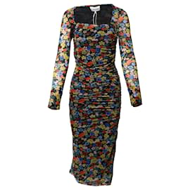 Ganni-Ganni Ruched Bodycon Midi Dress in Floral Print Mesh Silk-Other