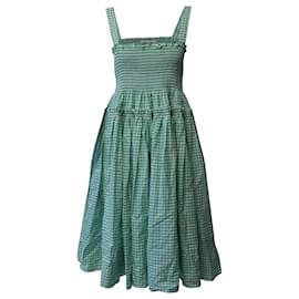 Autre Marque-Molly Goddard Kayla Shirred Gingham Midi Dress in Green Cotton-Green