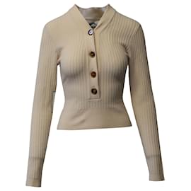 Khaite-Khaite Gloria V-neck Ribbed-Knit Sweater in Ivory Wool-White,Cream