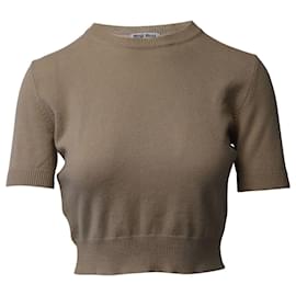 Miu Miu-Miu Miu Knit Short-Sleeve Crop Sweater in Brown Cashmere-Brown