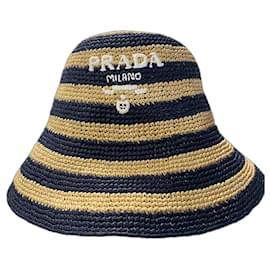 Prada-PRADA  Crochet bucket hat baltic natural-Beige,Navy blue