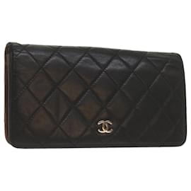 Chanel-CHANEL Matelasse Long Wallet Lamb Skin Black CC Auth yk11141-Black