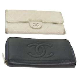 Chanel-CHANEL Long Wallet Caviar Skin 2Set Navy White CC Auth bs12301-White,Navy blue