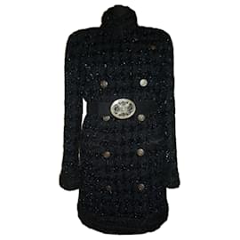 Chanel-Abrigo de tweed negro lujoso con cinturón de CC de 14K$-Negro