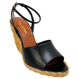 Autre Marque-SAINT LAURENT 2023 Black Leather Paloma Raffia Wedge Sandals-Black
