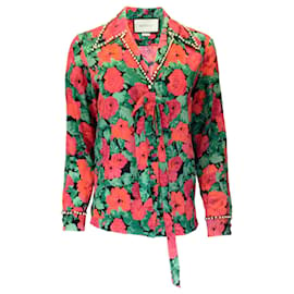 Autre Marque-Gucci Red / green / Black Pearl Embellished Rose Printed Silk Blouse-Multiple colors