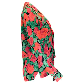 Autre Marque-Gucci rojo / verde / Blusa de seda con estampado de rosas y adornos de perlas negras-Multicolor