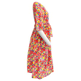Autre Marque-Vestido midi de algodón con cintura anudada y estampado floral multicolor de Fatto In Italia-Roja