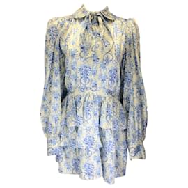 Autre Marque-LoveShackFancy Avorio / Mini abito in raso floreale con stampa di coste smerigliate blu Daly-Multicolore