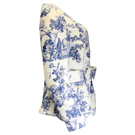 Autre Marque-Oscar de la Renta Ivoire / Veste bleue en coton à ceinture et imprimé floral-Bleu