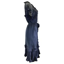 Autre Marque-Zimmermann Navy Blue Ruffled Belted Silk Midi Dress-Blue