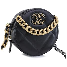 Chanel-Pele de cordeiro Chanel preta 19 Clutch redonda com bolsa de corrente-Preto