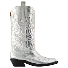Ganni-Mid Shaft Western Boots - Ganni - Synthetic - Silver-Silvery,Metallic