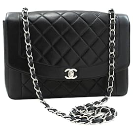 Chanel-BLACK VINTAGE 1996 grand sac à rabat Diana en cuir d'agneau-Noir