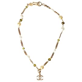Chanel-Gold pearl embellished CC necklace-Golden