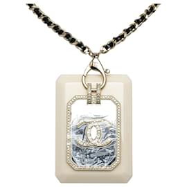 Chanel-Chanel White Crystal Embellished Resin Card Case Pendant Necklace-White
