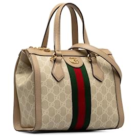 Gucci-Gucci Brown Small GG Supreme Ophidia Satchel-Brown,Beige