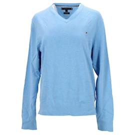 Tommy Hilfiger-Suéter masculino de algodão e seda com decote em V-Azul,Azul claro