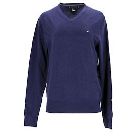 Tommy Hilfiger Suéter masculino de algodão e seda com decote em V Azul marinho