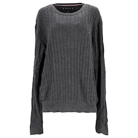 Tommy Hilfiger-Tommy Hilfiger Mens Cable Knit Crew Neck Jumper in Grey Cotton-Grey