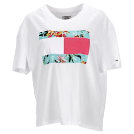 Tommy Hilfiger-Womens Floral Logo Organic Cotton Cropped T Shirt-White