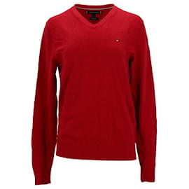 Tommy Hilfiger-Suéter masculino de algodão e seda com decote em V-Vermelho