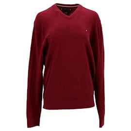 Tommy Hilfiger-Suéter masculino de algodão caxemira com decote em V-Vermelho