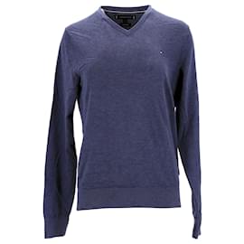 Tommy Hilfiger-Suéter masculino de algodão e seda com decote em V-Azul