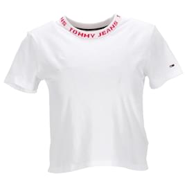 Tommy Hilfiger-T-shirt corta da donna in cotone organico con collo con logo-Bianco