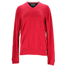 Tommy Hilfiger-Suéter masculino luxuoso de algodão com gola V Tommy Hilfiger em algodão vermelho-Vermelho