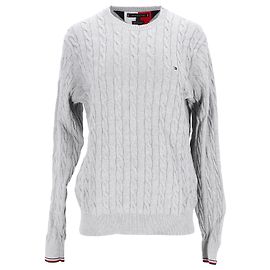 Tommy Hilfiger Suéter masculino de malha com gola redonda Cinza
