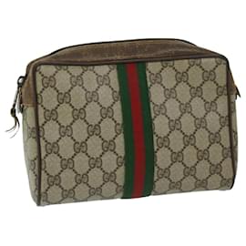 Gucci-GUCCI GG Supreme Web Sherry Line Clutch Bag Beige Rot 156 01 012 Auth 67661-Rot,Beige