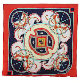 Hermès-HERMES CARRE 90 WASHINGTON�fS CARRIAGE Scarf Silk Red Auth am5911-Red