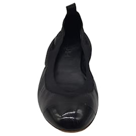 Autre Marque-Chanel Black CC Logo Embossed Patent Leather Cap Toe Stretch Leather Ballet Flats-Black
