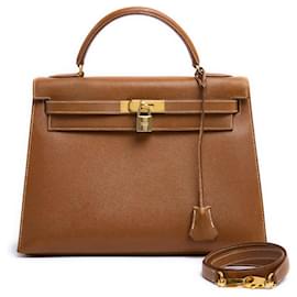 Hermès-Hermes Sac Kelly 32 Sellier Leather Gold HDW Gold 1997 with strap-Caramel,Gold hardware