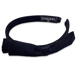 Chanel-Vintage Black Silk Satin Headband Hair Accessory with Bow-Black