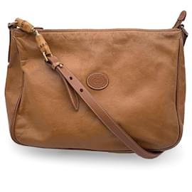 Gucci-Vintage Beige Embossed Leather Shoulder Bag with Bamboo-Beige