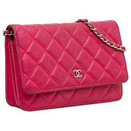 Chanel-Portafoglio classico in pelle di agnello rosa Chanel con catena-Rosa