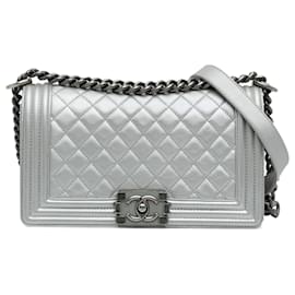 Chanel-Chanel Aba de menino prateada média metálica-Prata