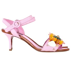 Dolce & Gabbana-Dolce & Gabbana Embellished Low-Heel Sandals in Pink Leather-Pink