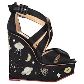 Charlotte Olympia-Charlotte Olympia Space Age Wedge Sandals in Black Satin-Black