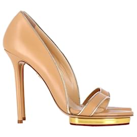 Charlotte Olympia-Charlotte Olympia Christine Leather Platform Sandals in Beige Leather-Brown,Beige