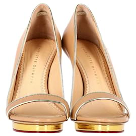 Charlotte Olympia-Charlotte Olympia Christine Leather Platform Sandals in Beige Leather-Beige